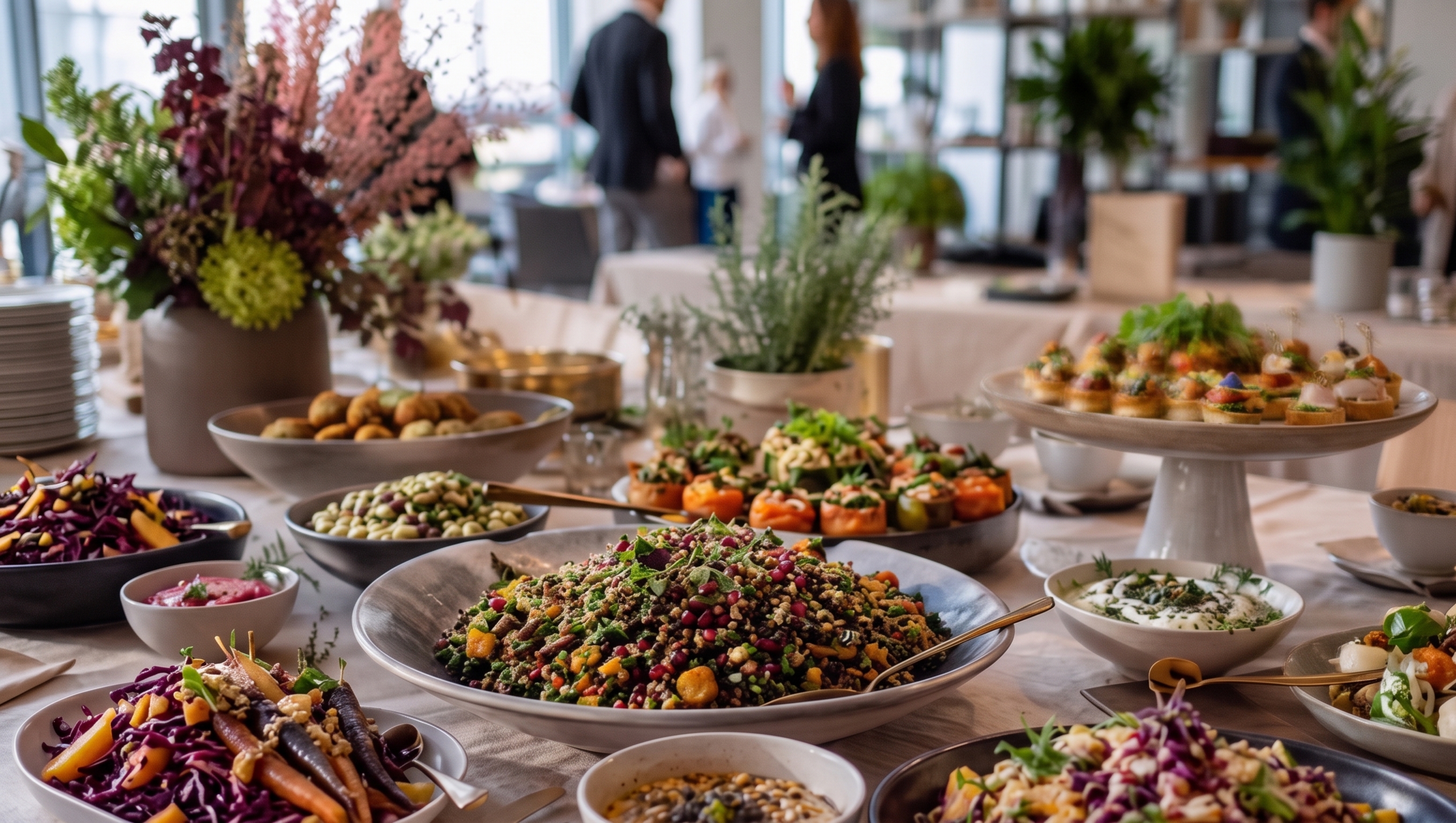 Frisch gedeckter Catering-Tisch mit vielseitigen Gerichten